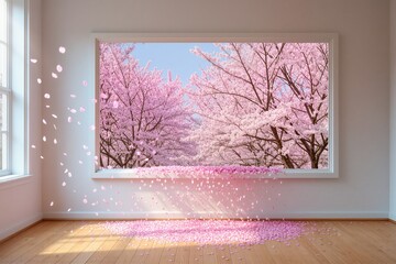 A picture frame on a wall reveals a blooming cherry blossom grove. Pink petals drift outward, scattering into the room