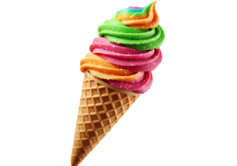Rainbow soft serve ice cream cone with colorful swirls, isolated on transparent background
