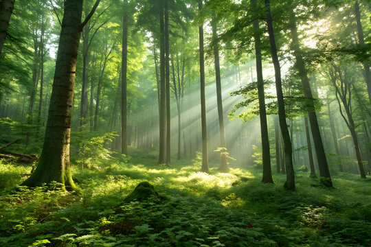 Sunbeams piercing through a dense green forest canopy illuminating the undergrowth full hd 4k stock image download