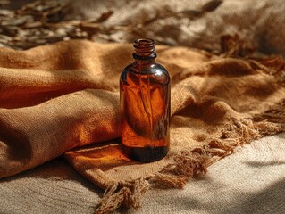 Amber glass bottle on rustic fabric