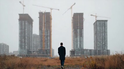 Ambition in the Cityscape: A solitary figure, dwarfed by towering buildings under construction, strides purposefully towards an urban expanse, reflecting themes of ambition and urban progress.