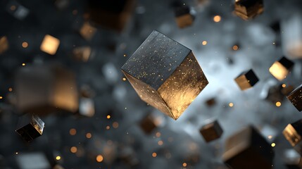 Abstract floating cubes with sparkling particles, creating a modern and luxurious design element with a sense of depth and dimension