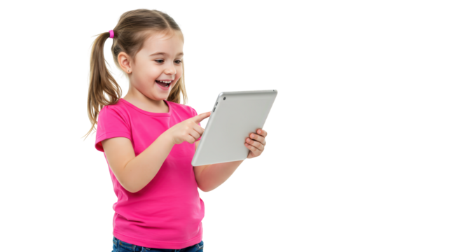  child digital a girl computer  little little with  young girl tablet  kid excited pigtails using