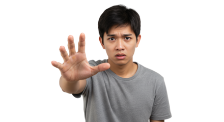  guy stop asian man man  male hand  boy his frightened young making gesture  person with a