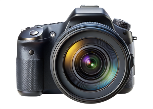 Black D S L R camera with a large lens and colorful reflections isolated on a transparent background