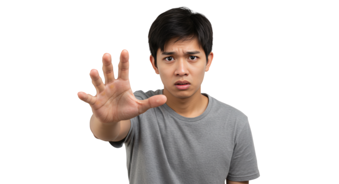  guy stop asian man man  male hand  boy his frightened young making gesture  person with a