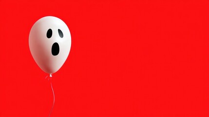 Scared ghost balloon on bright red background, spooky Halloween decor
