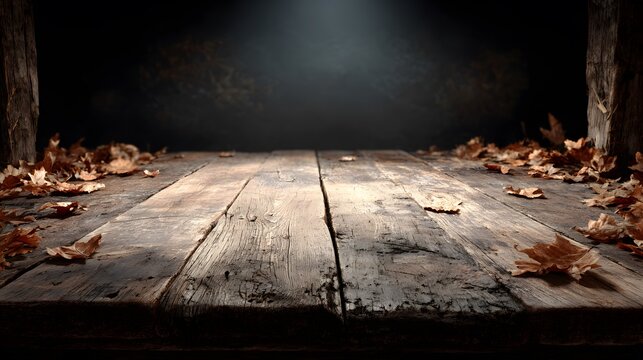 Rustic wooden surface in low light with scattered dried leaves, moody empty stage center for autumn product display