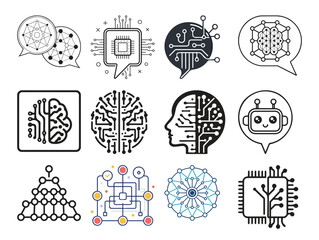  Artificial Intelligence Icons Set, Neural Network, Chatbot, and Digital Brain Technology Collection