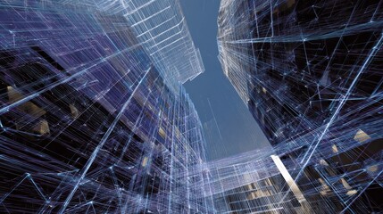 Tech overlays on architecture or abstract digital patterns