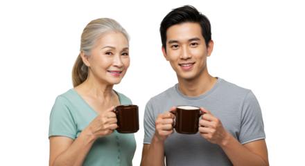 Woman son  adult asian happy drinks mother and  senior hot enjoying  young  man