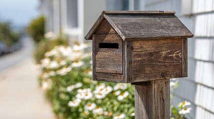A rustic wooden mailbox stands sentinel alongside vibrant flowers in a charming suburban setting.