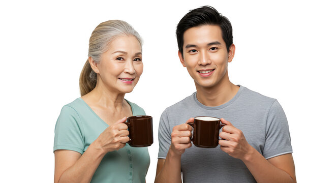 Woman son  adult asian happy drinks mother and  senior hot enjoying  young  man