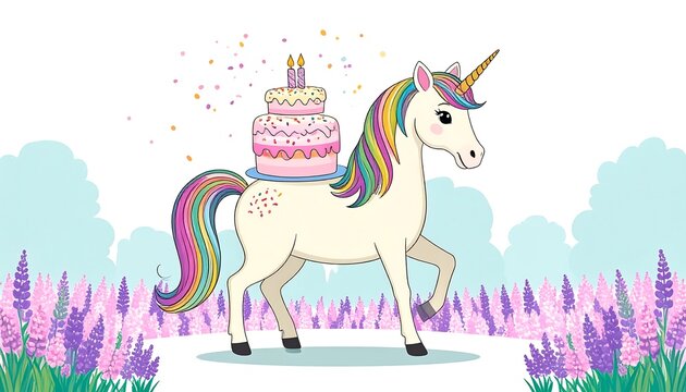 Cute unicorn with birthday cake
