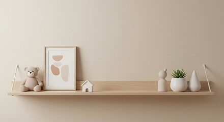 Minimalist Wooden Shelf Decor with Plush Bear Abstract Art Small House Plant White Vases