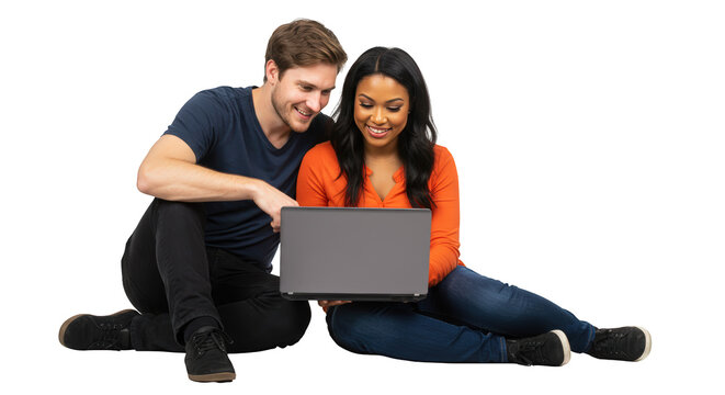 Couple woman man adult happy couple laptop together young using diverse man