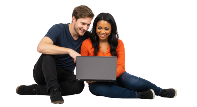 Couple  woman  man  adult happy couple laptop together  young using diverse  man - Powered by Adobe