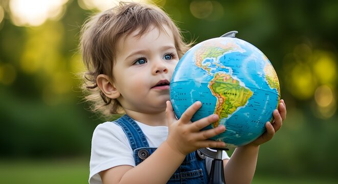 Close-up of child’s hands carefully holding a world globe