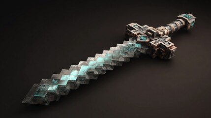 A pixelated, crystalline sword with a bronze-like hilt, adorned with teal gems and intricate cross-shaped detailing, rests on a dark surface