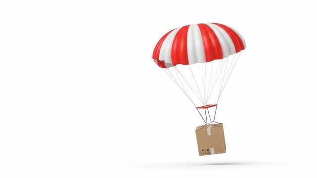A 3D rendered illustration depicts a cardboard box suspended from a red and white striped parachute against a white background