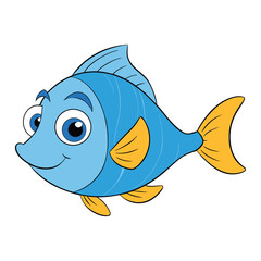 A cheerful, colorful cartoon fish with big sparkling eyes, playful fins, and a smiling face, swimming happily in bright, bubbly underwater surroundings.
