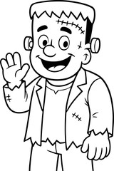 Obraz premium “Cute Frankenstein Monster Line Art – Stitched Smile, Tattered Jacket & Halloween Charm”