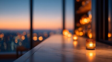 blurred image of a luxury rooftop champagne bar interior illuminated with amber floor lighting