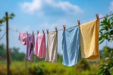 Clothes hang on a line attached to a pole outside drying in the sunlight