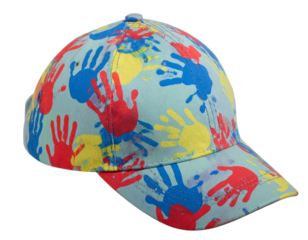 Vibrant Handprint Pattern Baseball Hat for Kids, Side Angle View, isolated on transparent background PNG