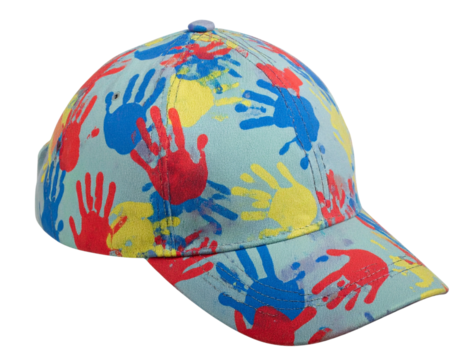 Vibrant Handprint Pattern Baseball Hat for Kids, Side Angle View, isolated on transparent background PNG