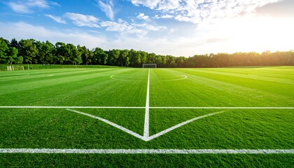 Obraz premium Sunny Soccer Field, Green Grass, Summer Day