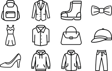 Collection of Fashion and Clothing Line Icons Including Bags, Shoes, Dresses, Jackets, Skirts, Accessories, and Watches for Modern Style and Apparel Design