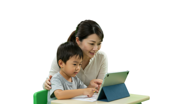  learning on tablet learning son together mother and mother  child  son  education