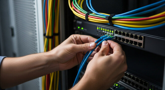 Network technician connecting ethernet cables to server rack for data center maintenance task done by expert