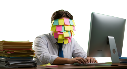 Overwhelmed  business businessman  businessman  work  stress sticky notes in covered overwhelmed  businessman