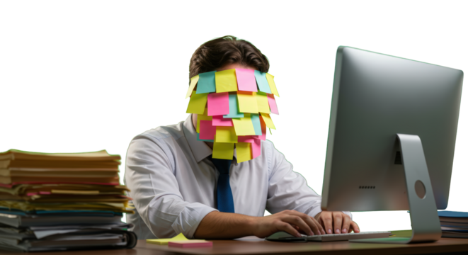 Overwhelmed  business businessman  businessman  work  stress sticky notes in covered overwhelmed  businessman