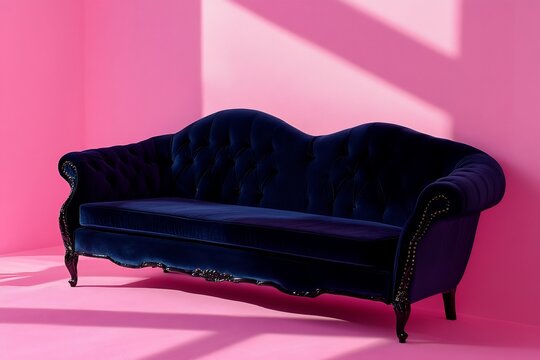 An inviting blue velvet sofa ready for deep conversation and quiet evenings set against a bold pink backdrop with strong