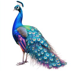 Obraz premium Vibrant peacock, full body, colorful plumage, profile view, isolated on white