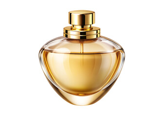 Elegant glass perfume bottle with golden cap and amber liquid isolated on a transparent background image