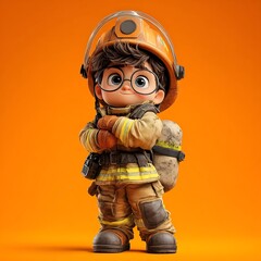 Adorable Cartoon Firefighter, 3D Render, Orange Background