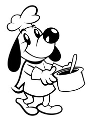 Adorable Puppy cartoon characters wearing chef hat, uniform, and gloves. Carrying a mixing bowl and baking a cake. Best for outline, logo, and coloring book with bakery themes for kids