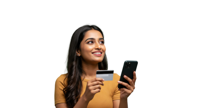 Woman  person  adult holding smiling credit  girl phone woman card and  female