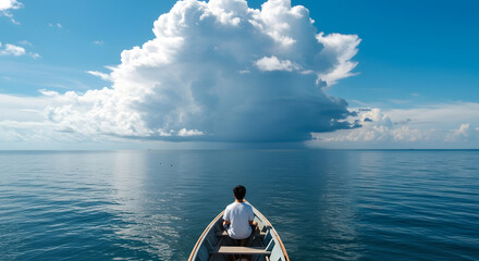 A lone person in a boat on a calm blue sea, sailing towards a massive, awe-inspiring cloud on the horizon.