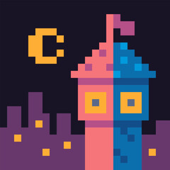 Colorful pixel castle at night with city skyline and crescent moon. Whimsical and dreamy, perfect for fairy-tale games.