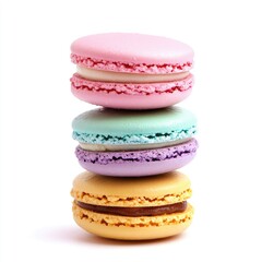 Three colorful macarons stacked vertically against a white background.  Each macaron displays a smooth, pastel colored exterior and a creamy white filling.  