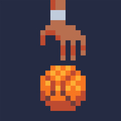 Pixel art of a hand about to grab or dribble a basketball. A dynamic and minimal depiction of sport in motion.
