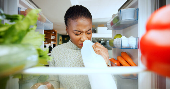 Black woman, fridge or smell with expired milk at house for bad odor, foul scent or spoiled product. Pov, female person or check for rotten ingredients, food safety or forgotten diary in refrigerator