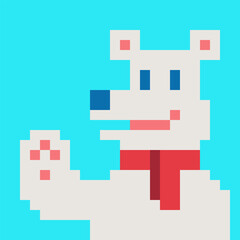 Smiling polar bear in a scarf waving its paw. Bright, friendly style suitable for winter or holiday themes.
