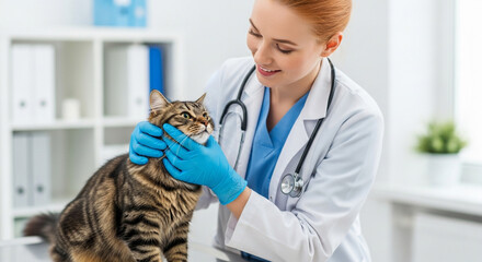Cat veterinarian checkup pet care feline health exam animal doctor vet clinic tabby cat professional service