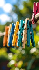 Colorful clothespins on a clothesline outdoors